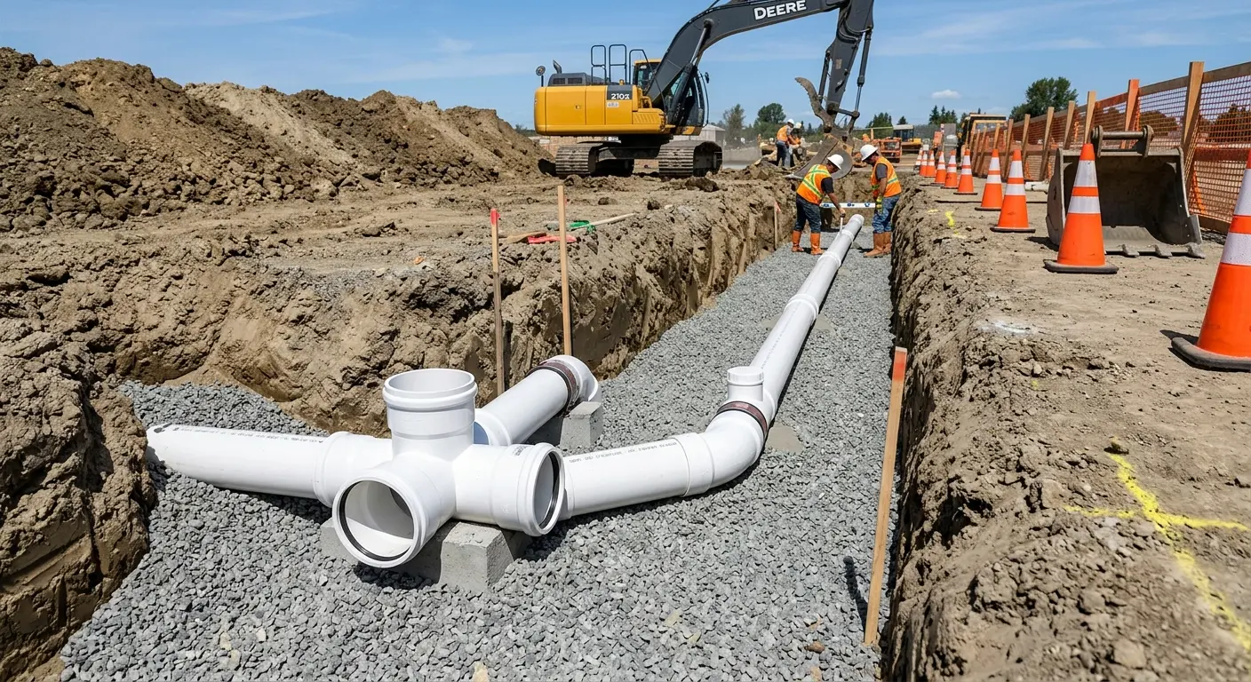 New PVC sewer pipe installation in open trench for Commercial Drain Cleaning in Emporia