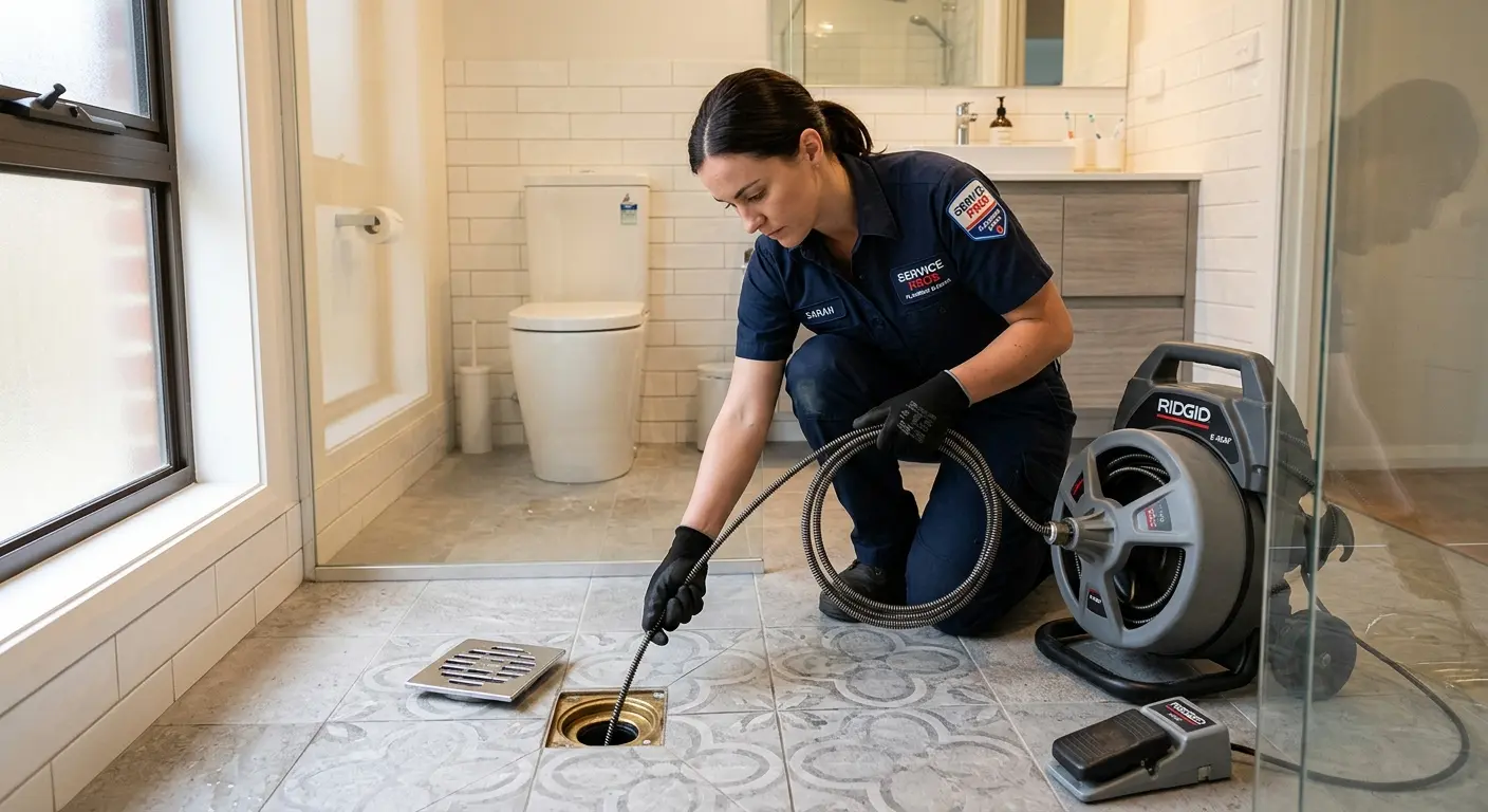 Technician clearing a bathroom floor drain for Sewer Line Installation in Emporia